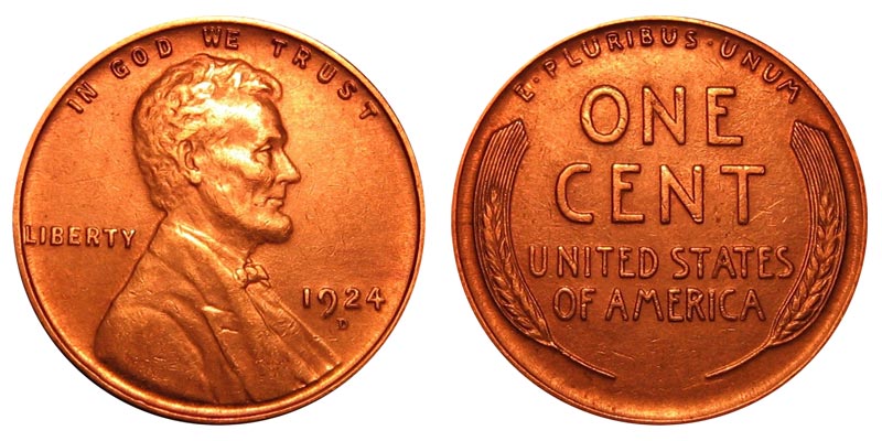 Side-by-side comparison of 1924 Philadelphia no-mint-mark penny and 1924-D Denver penny showing mint mark location