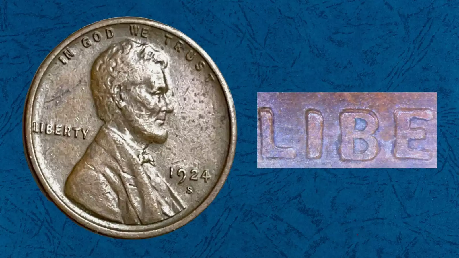 1924 wheat penny DDO-001 close-up showing doubled die obverse on LIBERTY lettering and date