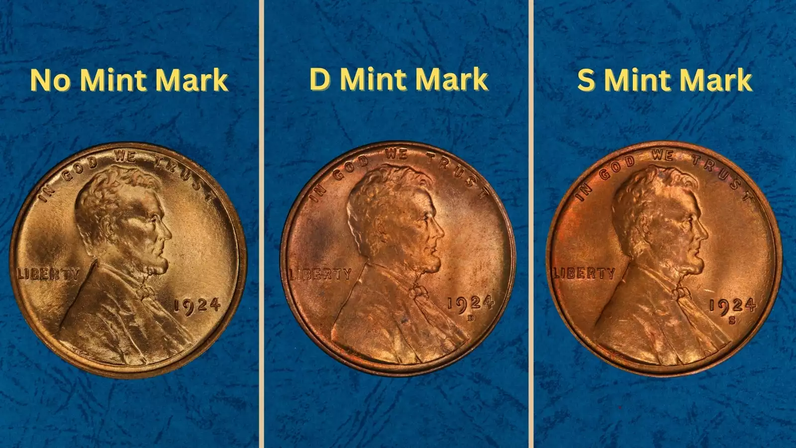 1924 wheat pennies from all three mints arranged together showing Philadelphia, Denver, and San Francisco varieties