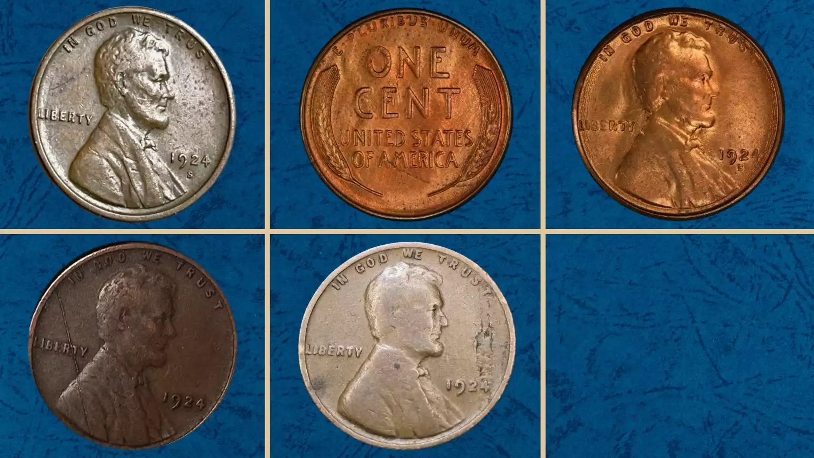 1924 wheat penny grading strip showing four specimens from Good through Uncirculated condition